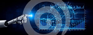 Futuristic Robotic Hand Interacting with Digital Data and Graphs on a Dark Background, Representing Advanced Technology