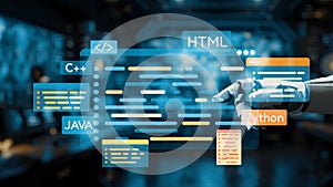 Futuristic robotic hand interacting with programming code displays in a high-tech environment showcasing various coding