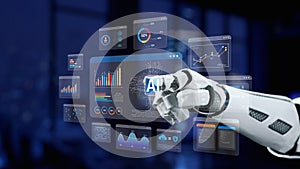 Futuristic Robot Hand Interacting with Advanced Data Analytics Displays and Artificial Intelligence Interfaces in a