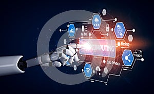 Futuristic Robotic Hand Interacting with Digital Technology Interface Representing Data Privacy, Cloud Computing, and