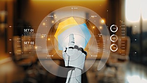 Futuristic Robot Hand Interacting with Data Visualization in Modern Office Environment for Technology and Innovation