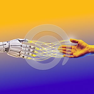 Robotic hand extending towards human hand, energy transfer. 3D render of hand. Conceptual design Advances in artificial