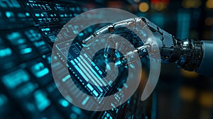 Robotic hand futuristic technology artificial intelligence digital interface blue light innovation cybernetic control panel