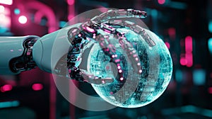 Robotic Hand Gently Holding a Luminous Data Sphere