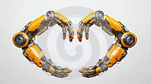 A robotic hand gestured in a heart shape on a white background photo