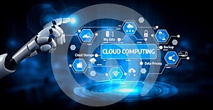 Futuristic Robotic Hand Interacting with Cloud Computing Icons Representing Technology, Data Management, and Data