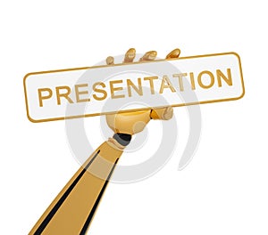 Robotic hand hold a plate with word presentation