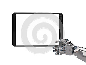 Robotic hand holding blank screen