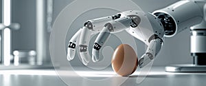 Robotic Hand Holding Brown Egg in Laboratory Setting