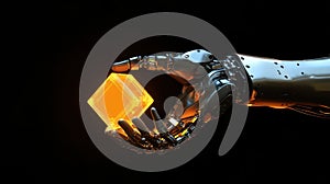 Robotic hand holding glowing cube