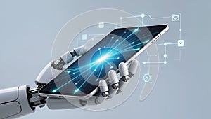 Robotic hand holding tablet with digital network interface â AI content
