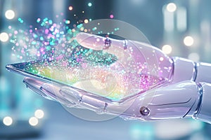 A robotic hand holding a transparent tablet with glowing holographic data floating above it photo