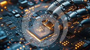 Robotic Hand Installing a Microprocessor on Circuit Board