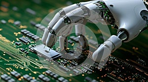 Robotic hand installing a microprocessor onto a circuit board