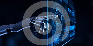 Robotic Hand Interacting with Advanced Data Visualization Interface for Artificial Intelligence and Machine Learning. 3d render