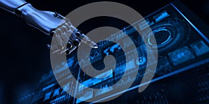 Robotic Hand Interacting with Advanced Data Visualization Interface for Artificial Intelligence and Machine Learning. 3d render