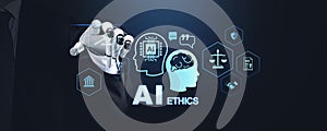 Robotic hand interacting with AI ethics icons on a background, representing technology, law, and ethical considerations in AI photo