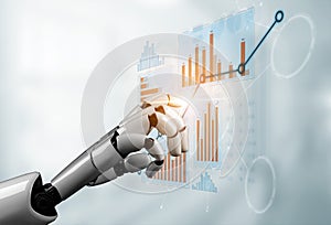 Robotic Hand Interacting with Data Analysis Interface on Modern Digital Background Displaying Graphs, Charts, and