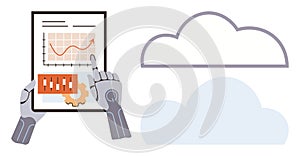Robotic Hand Analyzing Data on Tablet with Cloud Connectivity Concept