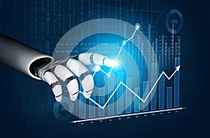 Robotic Hand Interacting with Data Graph and Visualizations in Digital Environment Representing Artificial Intelligence