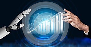 Robotic Hand Interacting with Data Visualization Chart on Digital Background Impute