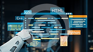 Robotic Hand Interacting with Digital Code Interface Featuring Various Programming Languages in a Modern Tech