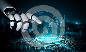 Robotic Hand Interacting with Digital Data and Graphs, Representing Artificial Intelligence, Technology, and Future