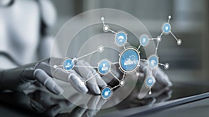 Robotic hand interacting with digital icons representing technology, data analytics, and artificial intelligence