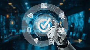 Robotic hand interacting with digital icons representing technology, verification, progress, and innovation in a modern