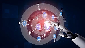 Robotic Hand Interacting with Digital Interface, Concept of Technology, Automation, and Future Innovation in Artificial