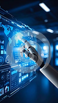 Robotic hand interacting with a digital interface displaying world map and data
