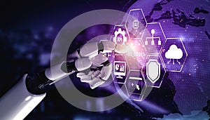 Robotic Hand Interacting with Digital Interface Representing Artificial Intelligence, Data Analysis, and Cloud Computing