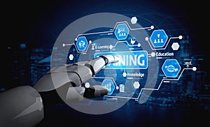 Robotic Hand Interacting with Digital Learning Interface Featuring Icons of Education, Knowledge, and E-Learning