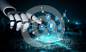 Robotic Hand Interacting with Digital Network Symbols Representing AI Technology, Data Processing, and Connectivity in