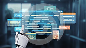 Robotic Hand Interacting with Digital Programming Code Display in a Modern Office Environment. Auvana