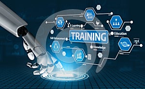 Robotic Hand Interacting with Digital Training Interface Featuring Icons for E-Learning, Education, and Skill