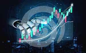 Robotic Hand Interacting with Financial Chart and Data Visualization in Digital Space Impute