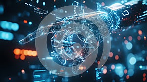 Robotic hand interacting with futuristic digital interface