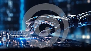 Robotic Hand Interacting with Futuristic Digital Interface in High-Tech Environment