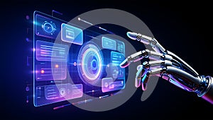 Robotic Hand Interacting with Futuristic Holographic Digital Interface Display Screen artificial intelligence