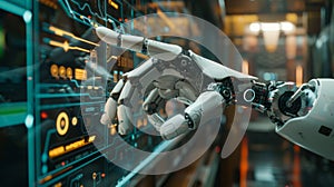 A robotic hand interacting with a futuristic touchscreen control panel in a high-tech environment, showcasing advanced