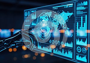 Robotic hand interacting with global data analytics on virtual screen