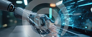 The robotic hand interacting with a high-tech laptop in a digital environment..AI generated image