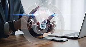 Robotic hand interacting with holographic interface displaying data and technology