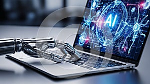 Robotic Hand Interacting with a Laptop Displaying AI and Neural Network artificial intelligence