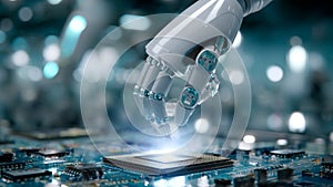 Robotic Hand Interacting with Microchip on Circuit Board