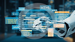 Robotic Hand Interacting with Programming Code in a Futuristic Digital Environment Showcasing Various Coding Languages