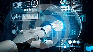 Futuristic robotic hand interacting with holographic data and digital interfaces displaying information and analytics in