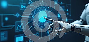 Robotic hand interacts with digital circuit board interface. Futuristic technology concept automation, artificial intelligence.