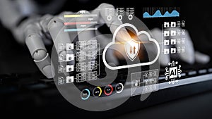 Futuristic Robot Hand Interacting with Cloud Computing Interface and Digital Security Symbols Representing Technology